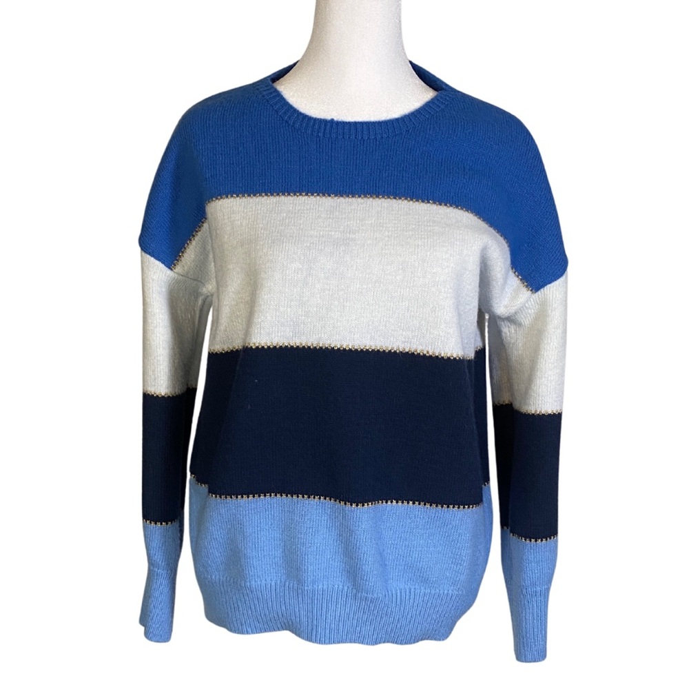 Color Block Crew Neck Sweater - Blue and White w/ Gold Stitching- Nautical - M